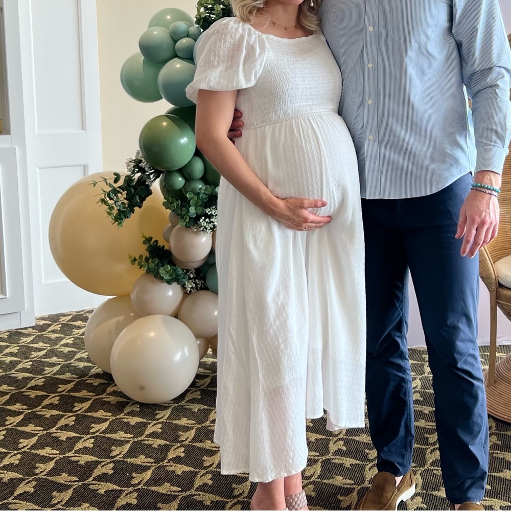 Pinkblush Maternity White Maxi Dress with Puff Sleeves